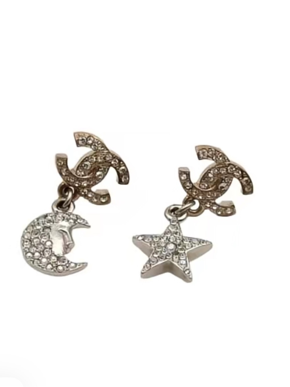 CHANEL Crystal CC Star Moon Dangle Earrings Authentic with Box and Pouch